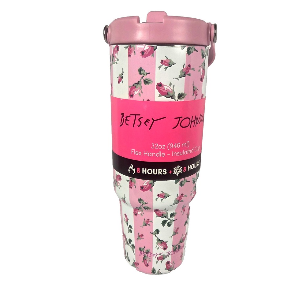 Betsey Johnson 32 oz Tumbler Pink Floral Stripe Insulated Cup Flex Handle Straw
